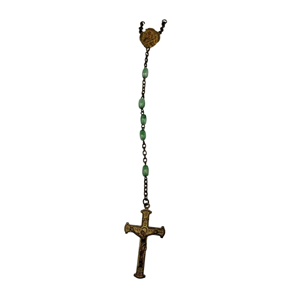 Vintage Czechoslovakia Rosary Fragment Green Glass Beads Brass Crucifix 7.5in
